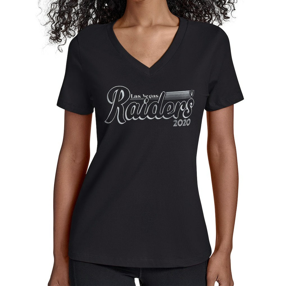 Las Vegas Raiders Starter Women's Groovy Script V-Neck T-Shirt - Black T-shirts