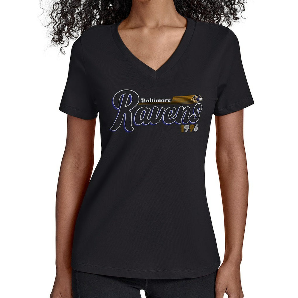 Baltimore Ravens Starter Women's Groovy Script V-Neck T-Shirt - Black T-shirts