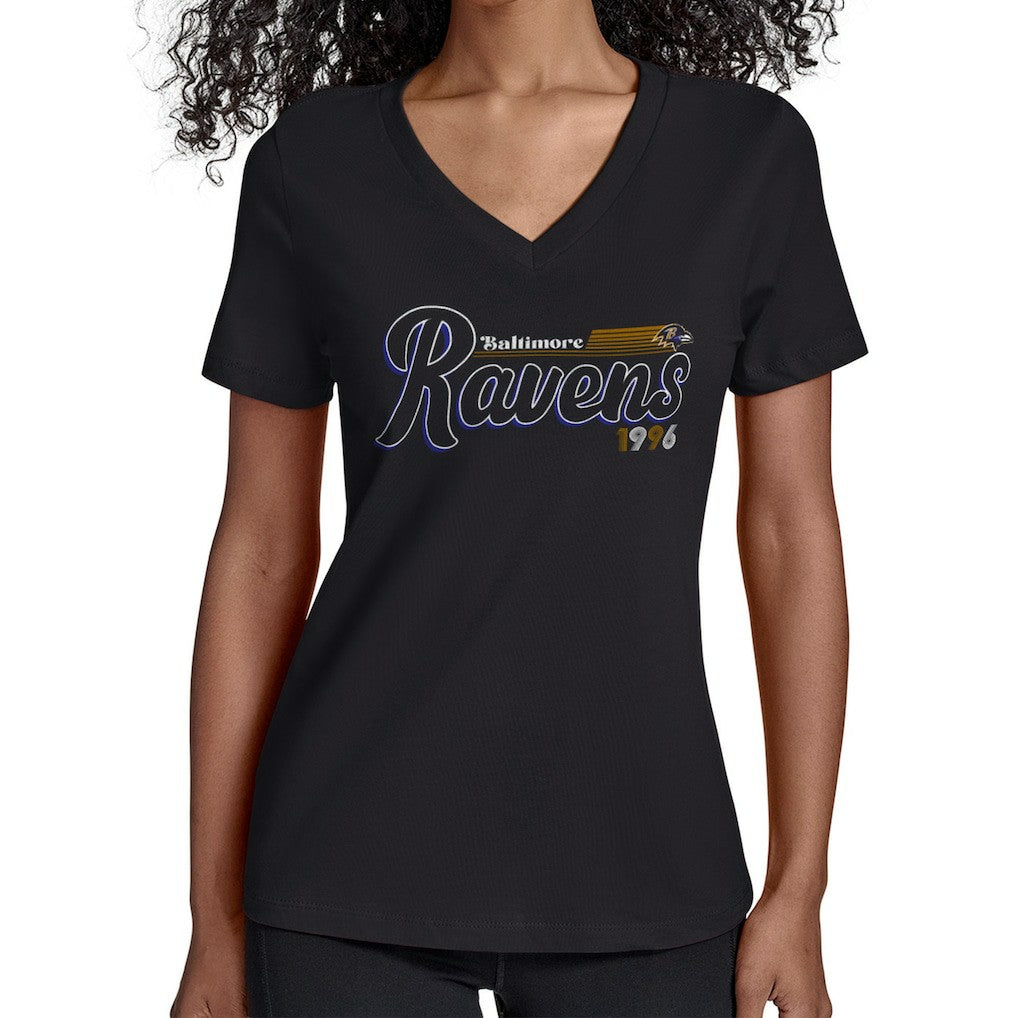 Baltimore Ravens Starter Women's Groovy Script V-Neck T-Shirt - Black T-shirts