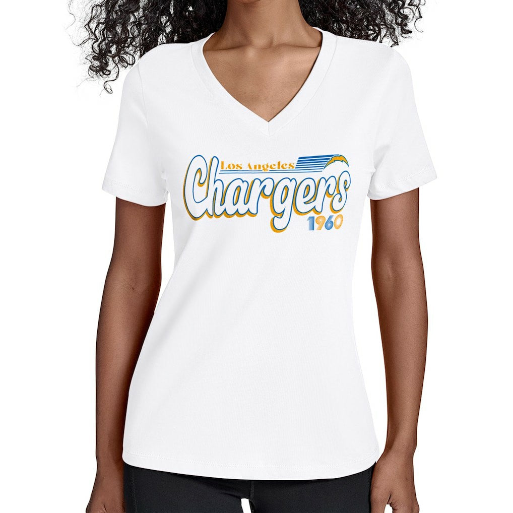 Los Angeles Chargers Starter Women's Groovy Script V-Neck T-Shirt - White T-shirts