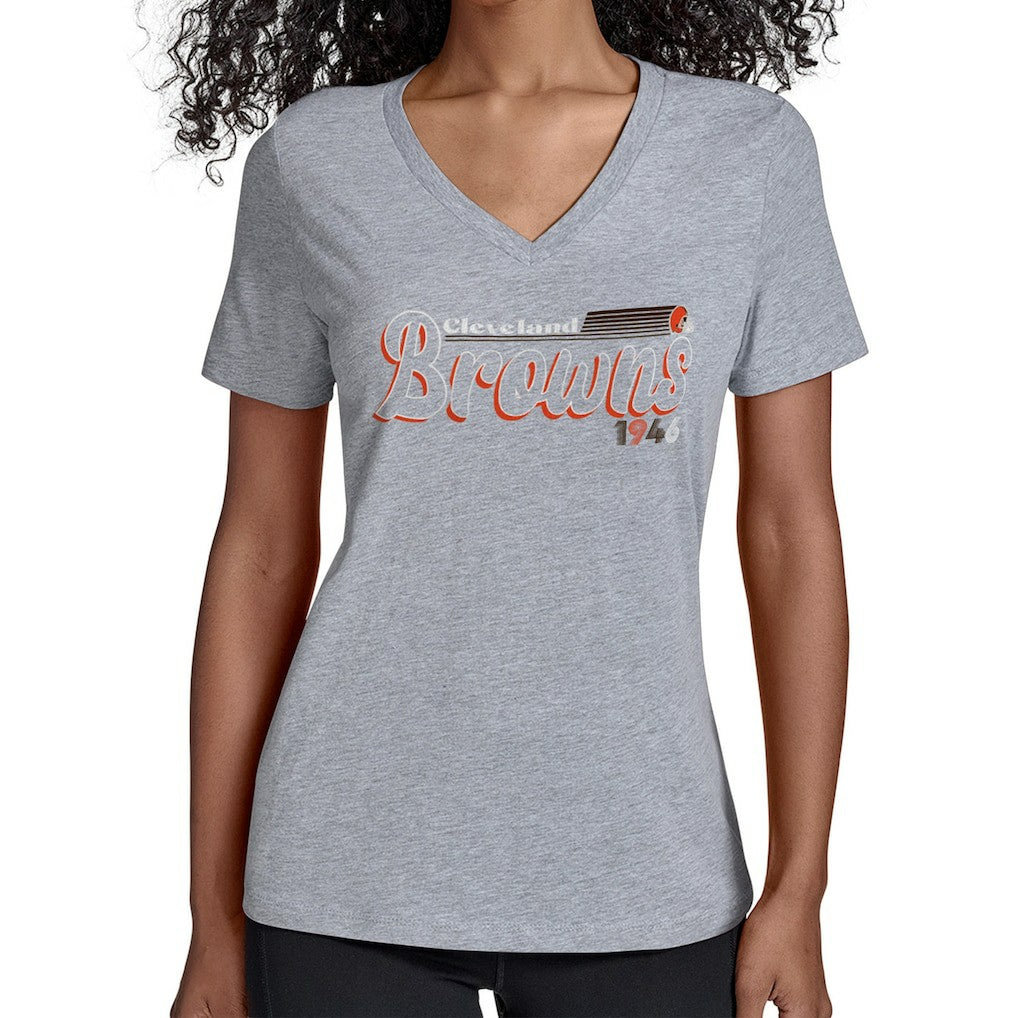 Cleveland Browns Starter Women's Groovy Script V-Neck T-Shirt - Gray T-shirts