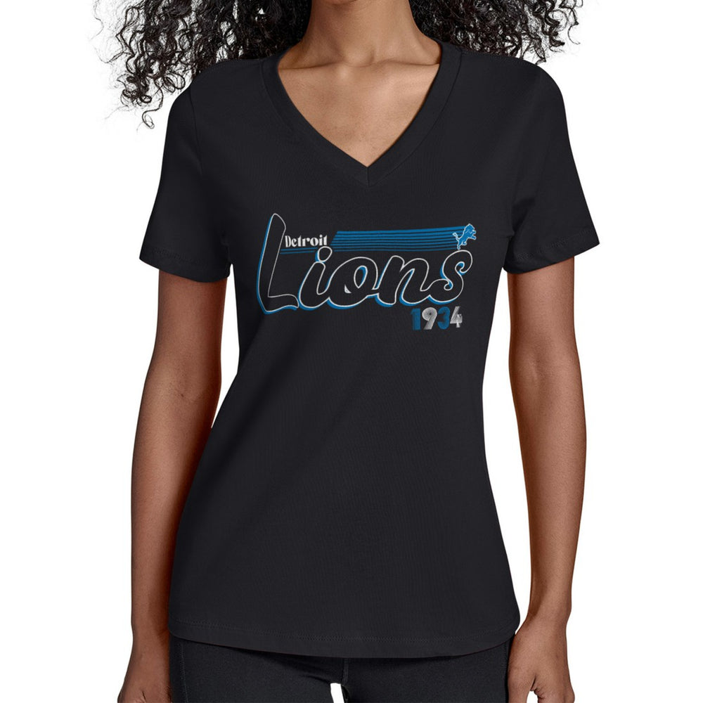 Detroit Lions Starter Women's Groovy Script V-Neck T-Shirt - Black T-shirts