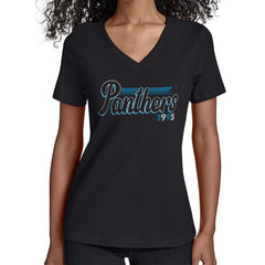 Carolina Panthers Starter Women's Groovy Script V-Neck T-Shirt - Black T-shirts