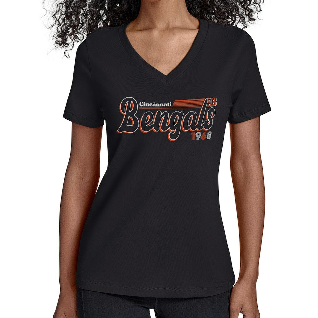 Cincinnati Bengals Starter Women's Groovy Script V-Neck T-Shirt - Black T-shirts