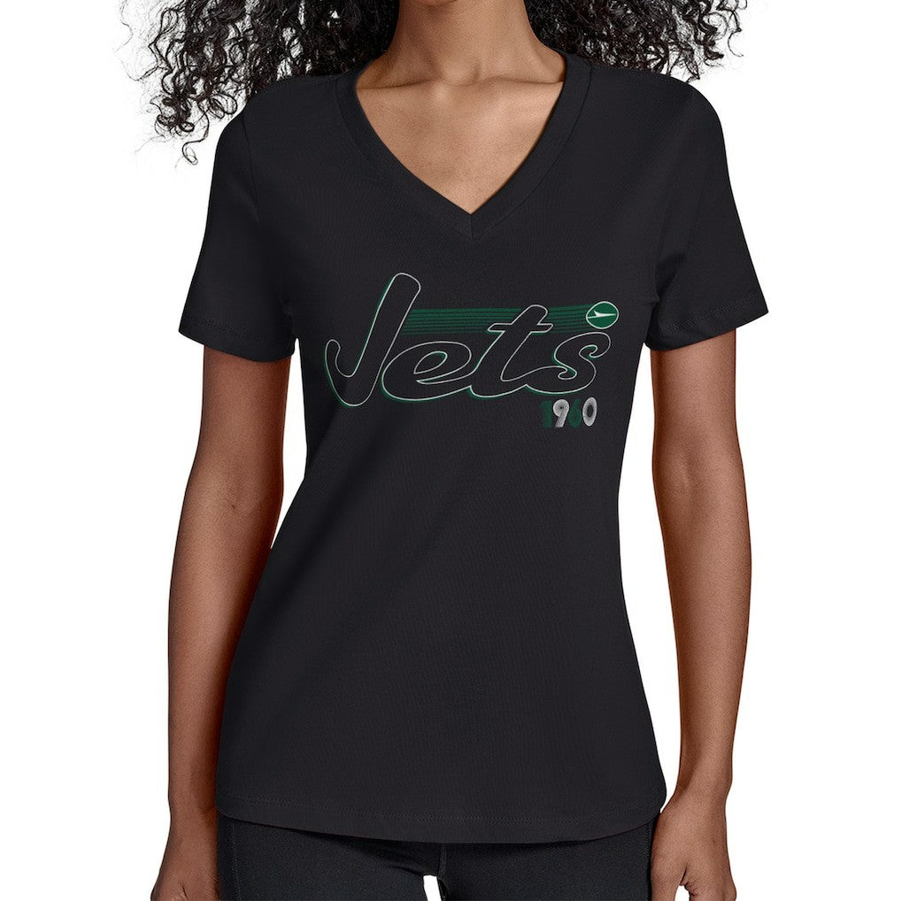 New York Jets Starter Women's Groovy Script V-Neck T-Shirt - Black T-shirts