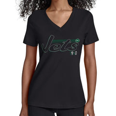 New York Jets Starter Women's Groovy Script V-Neck T-Shirt - Black T-shirts