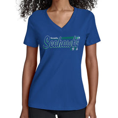 Seattle Seahawks Starter Women's Throwback Groovy Script V-Neck T-Shirt - Royal T-shirts