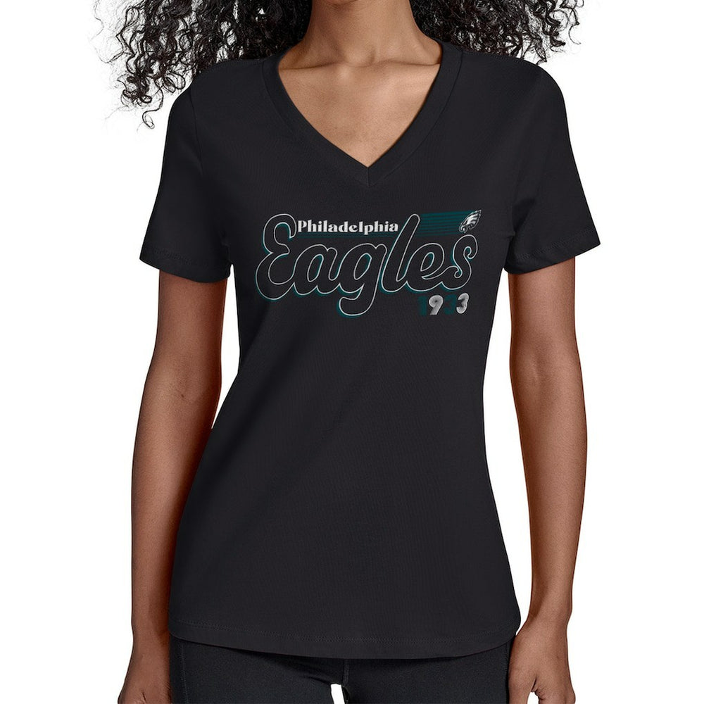 Philadelphia Eagles Starter Women's Groovy Script V-Neck T-Shirt - Black T-shirts