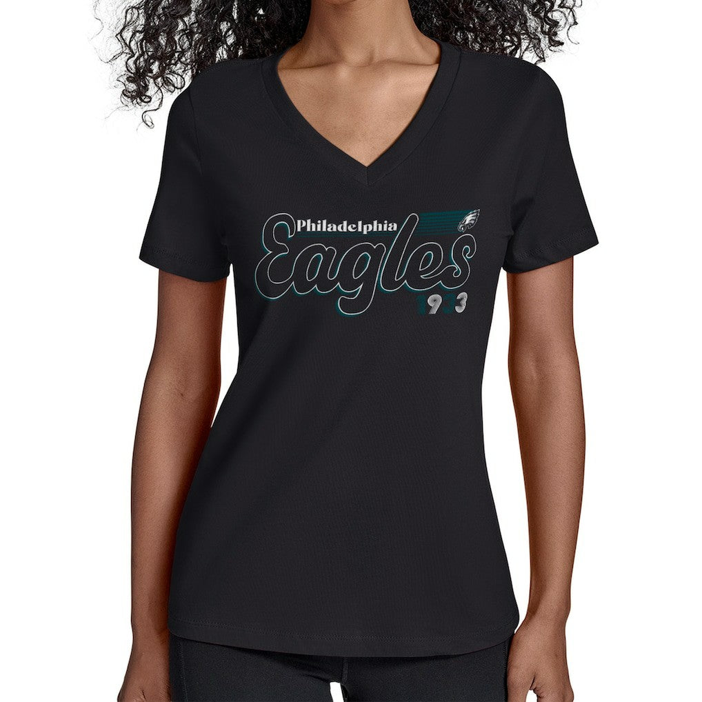 Philadelphia Eagles Starter Women's Groovy Script V-Neck T-Shirt - Black T-shirts