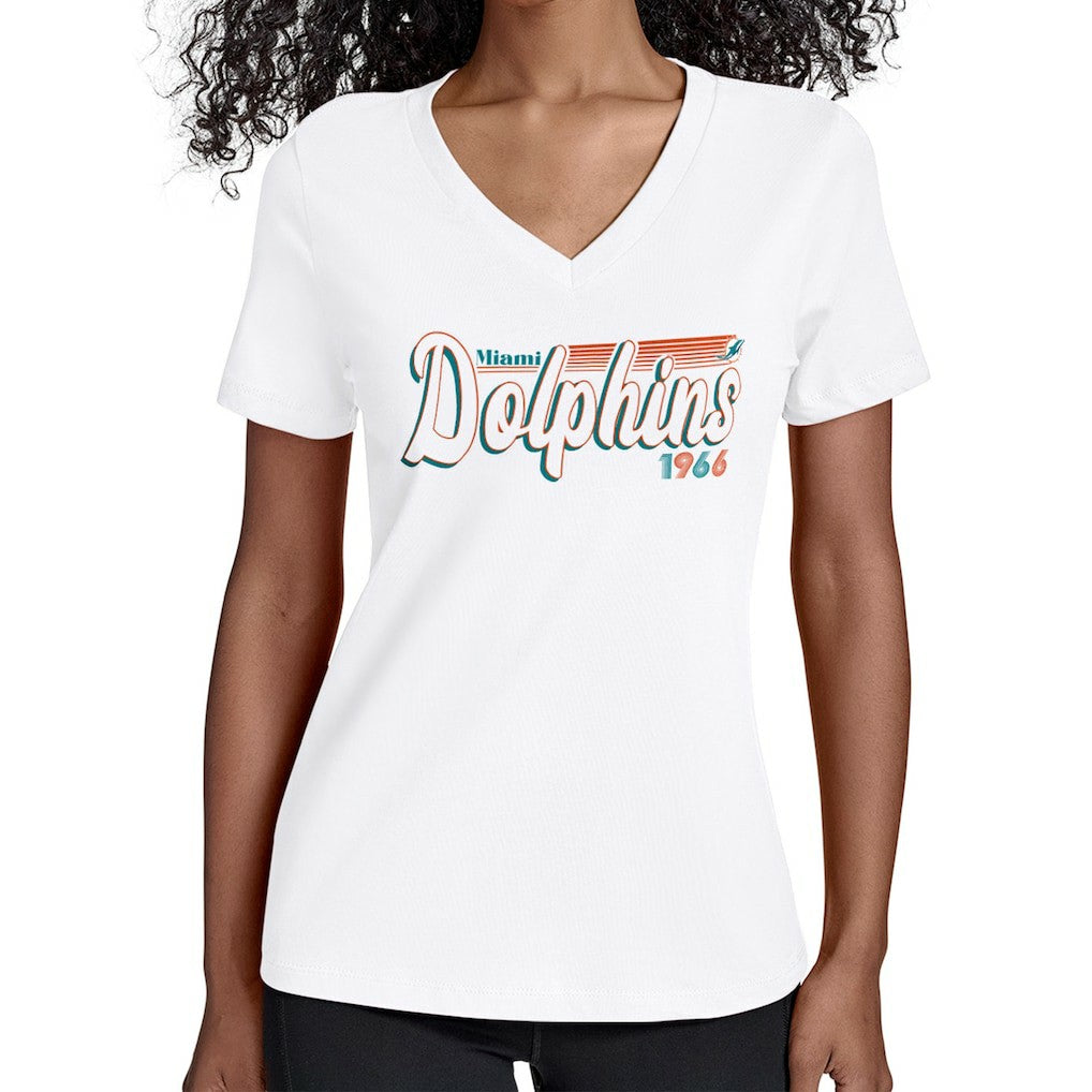 Miami Dolphins Starter Women's Groovy Script V-Neck T-Shirt - White T-shirts