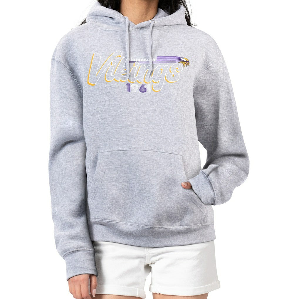 Minnesota Vikings Starter Women's Groovy Script Pullover Hoodie - Gray Hoodies