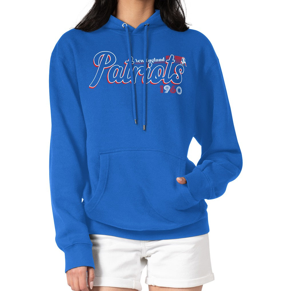 New England Patriots Starter Women's Groovy Script Pullover Hoodie - Royal Hoodies