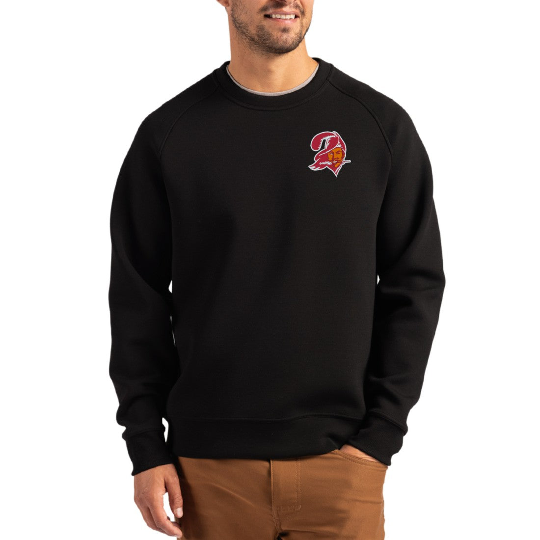 Tampa Bay Buccaneers Cutter & Buck Throwback Roam Recycled Raglan Pullover Sweatshirt - Black Pullover