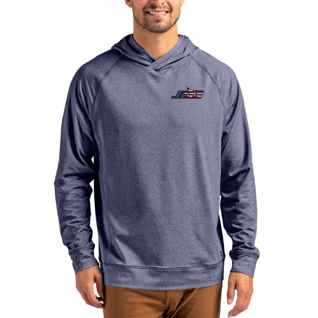 New York Jets Cutter & Buck Adapt Americana Knit Recycled Raglan Pullover Hoodie - Heather Navy Hoodies