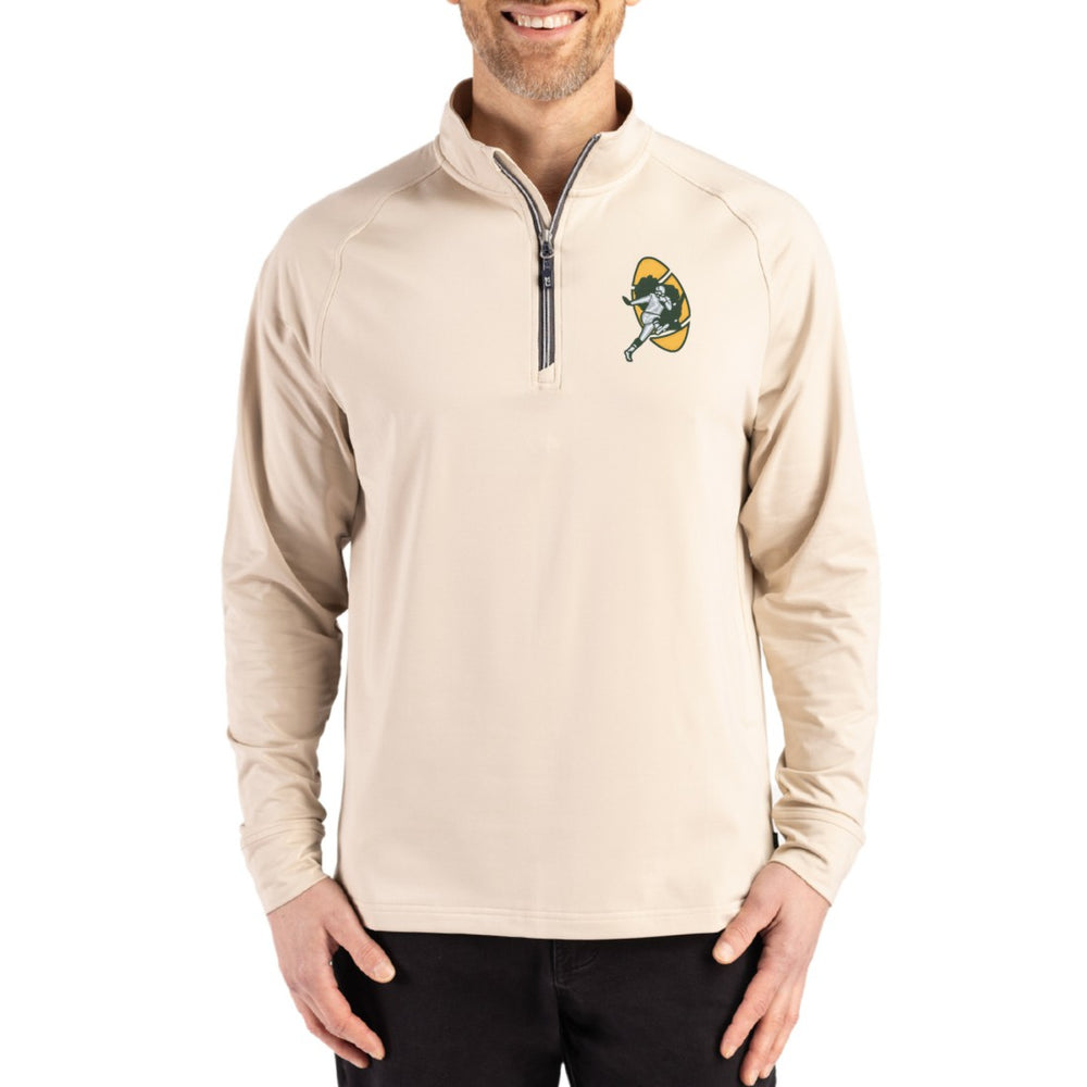 Green Bay Packers Cutter & Buck Throwback Logo Adapt Eco Knit Stretch Recycled Quarter-Zip Pullover - Tan Pullover