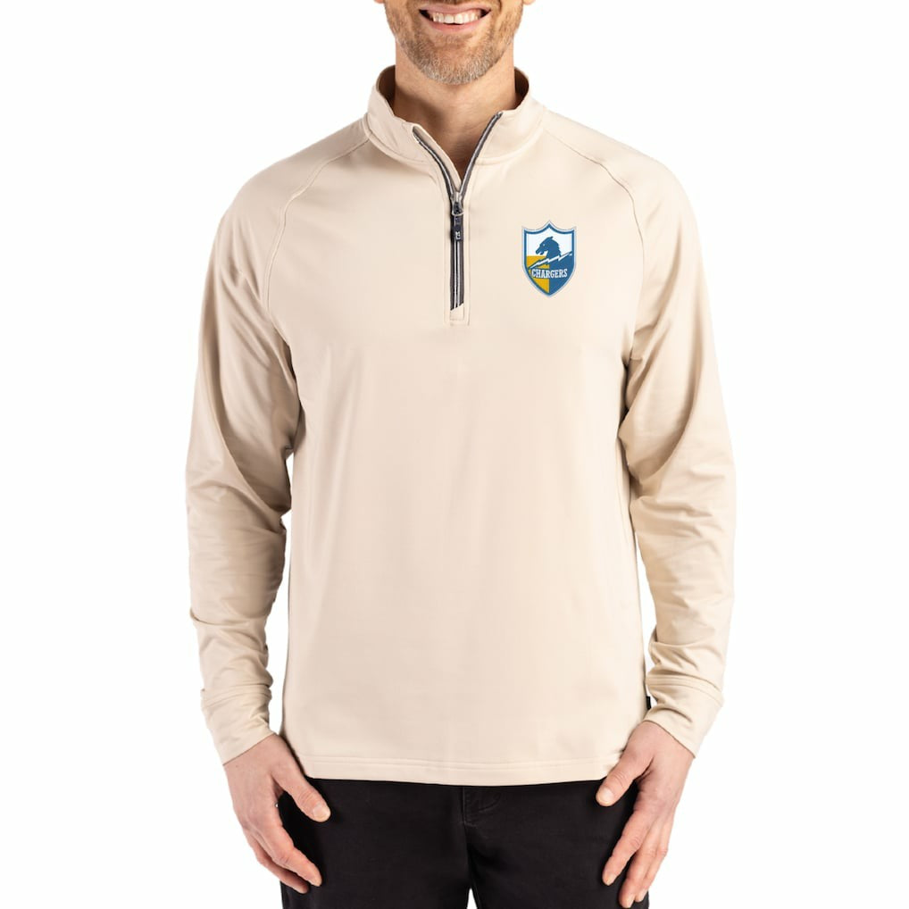 Los Angeles Chargers Cutter & Buck Throwback Logo Adapt Eco Knit Stretch Recycled Quarter-Zip Pullover - Tan Pullover