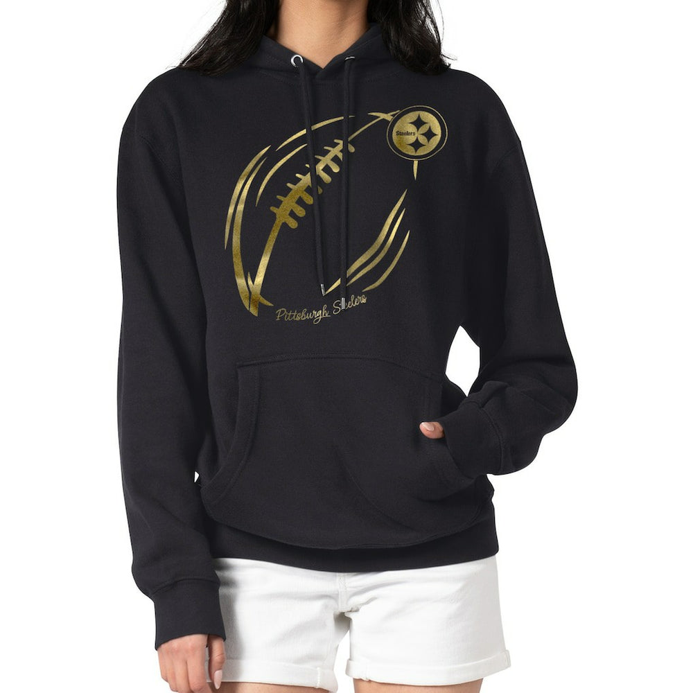 Pittsburgh Steelers G-III 4Her by Carl Banks Women's Metallic Print Football Sketch Fleece Pullover Hoodie - Black Hoodies