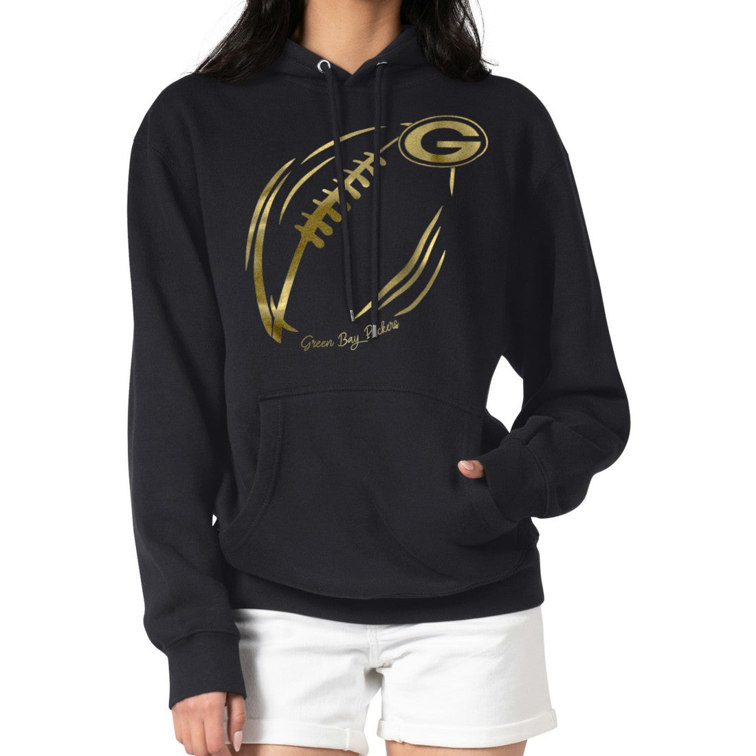 Green Bay Packers G-III 4Her by Carl Banks Women's Metallic Print Football Sketch Fleece Pullover Hoodie - Black Hoodies