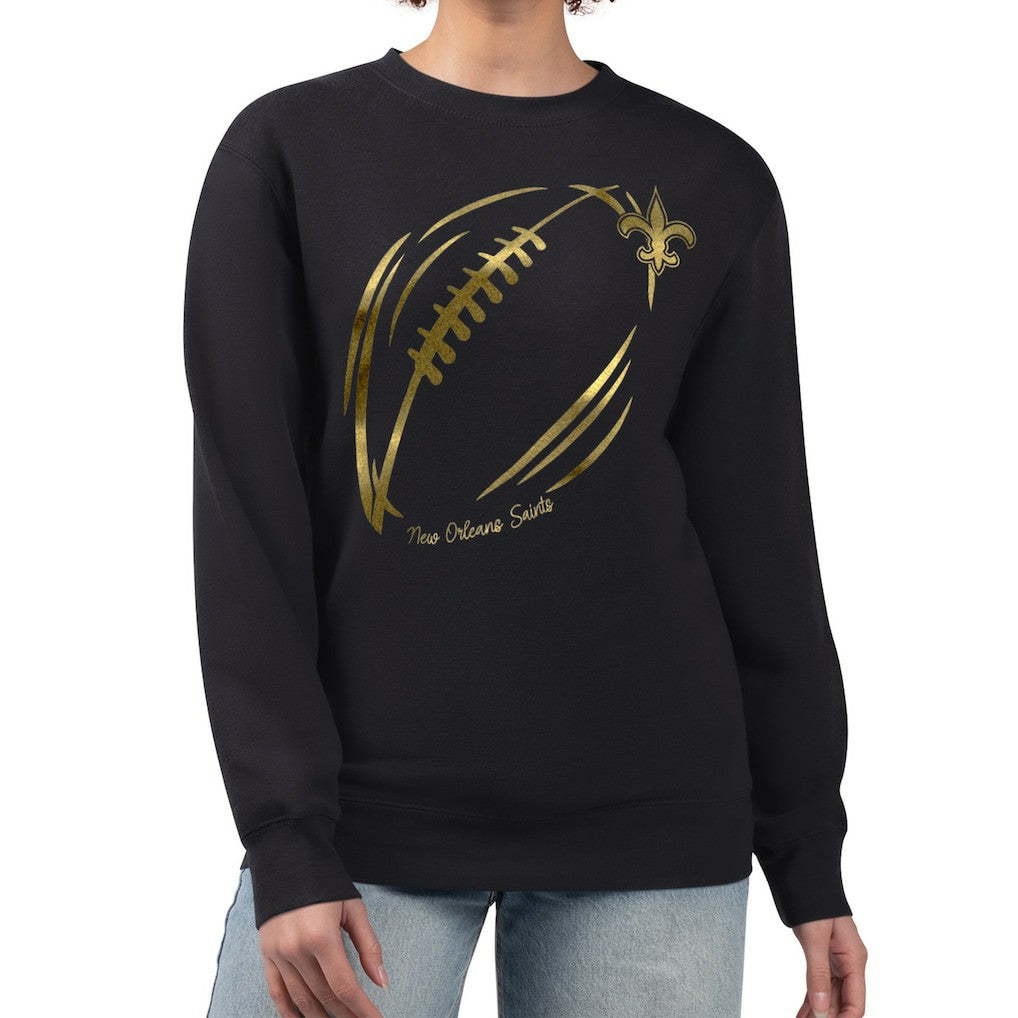 New Orleans Saints G-III 4Her by Carl Banks Women's Metallic Print Football Sketch Fleece Crewneck Sweatshirt - Black Sweatshirts