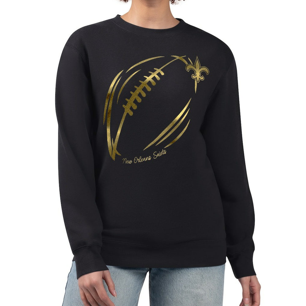 New Orleans Saints G-III 4Her by Carl Banks Women's Metallic Print Football Sketch Fleece Crewneck Sweatshirt - Black Sweatshirts