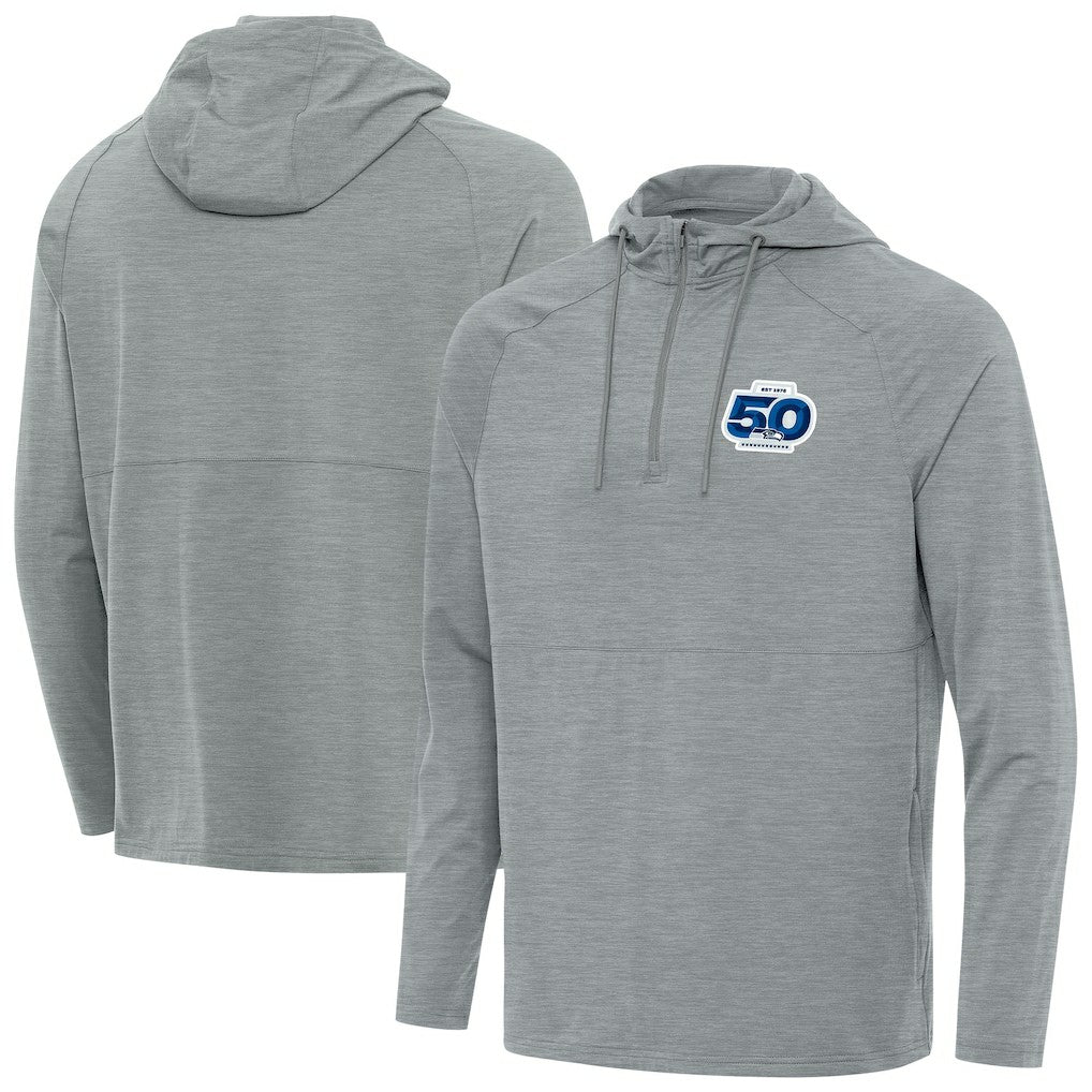 Seattle Seahawks Antigua 50th Season Spikes Raglan Quarter-Zip Hoodie - Heather Gray Hoodies