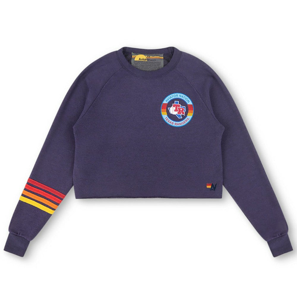 Texas Rangers Aviator Nation x MLB Women's Rugby Stitch Cropped Tri-Blend Pullover Sweatshirt - Navy Pullover