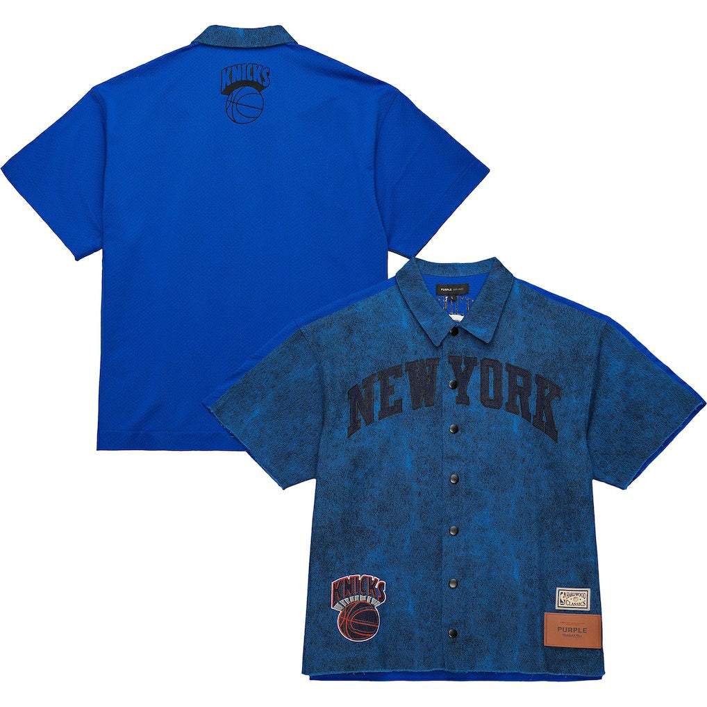 New York Knicks x Purple Brand Button-Up Shooting Shirt Navy - Mitchell & Ness