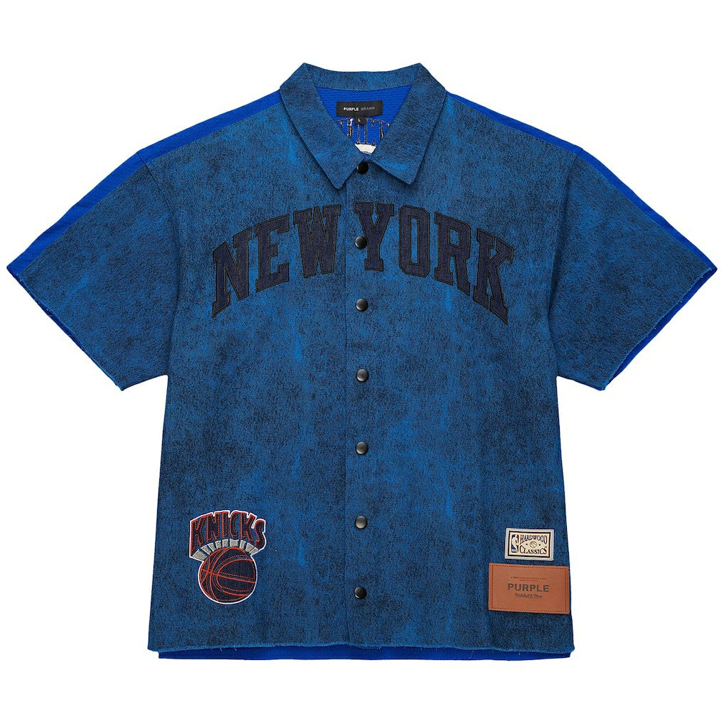 New York Knicks x Purple Brand Button-Up Shooting Shirt Navy - Mitchell & Ness