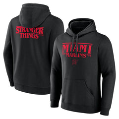 Miami Marlins Stranger Things Logo Lockup Pullover Hoodie - Black Hoodies