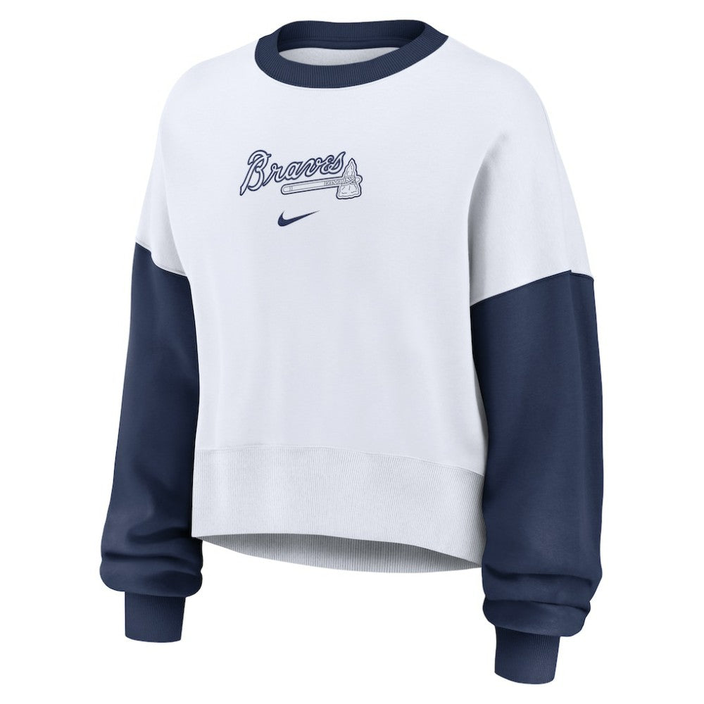 Atlanta Braves Nike Women's Oversized High Hip Fleece Sweatshirt - White/Navy Sweatshirts
