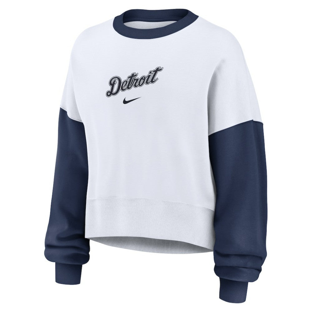 Detroit Tigers Nike Women's Oversized High Hip Fleece Sweatshirt - White/Navy Sweatshirts