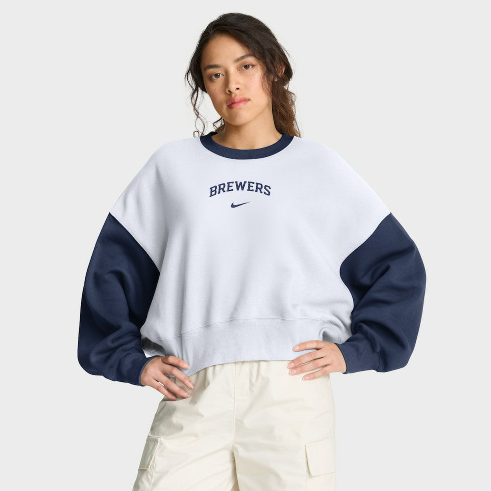 Milwaukee Brewers Nike Women's Oversized High Hip Fleece Sweatshirt - White/Navy Sweatshirts