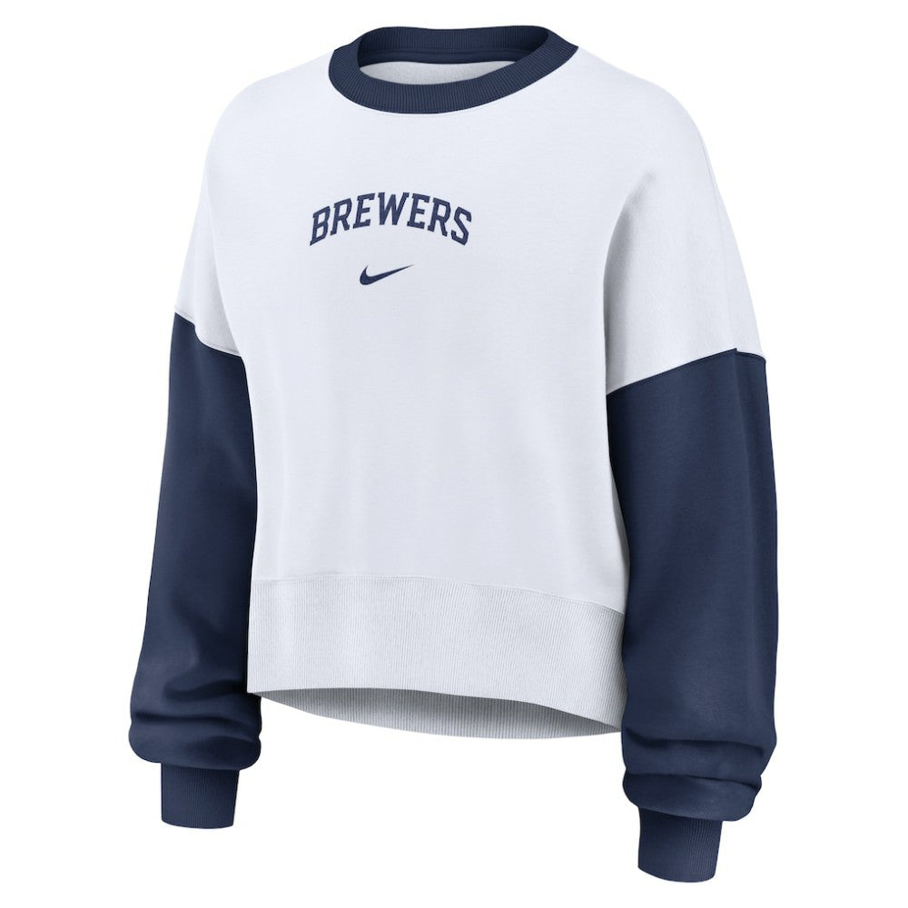 Milwaukee Brewers Nike Women's Oversized High Hip Fleece Sweatshirt - White/Navy Sweatshirts