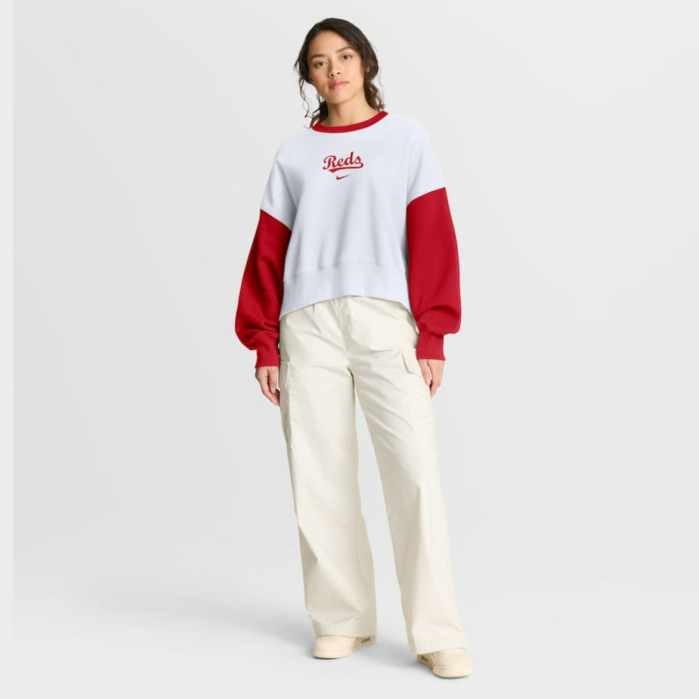 Cincinnati Reds Nike Women's Oversized High Hip Fleece Sweatshirt - White/Red Sweatshirts