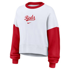 Cincinnati Reds Nike Women's Oversized High Hip Fleece Sweatshirt - White/Red Sweatshirts