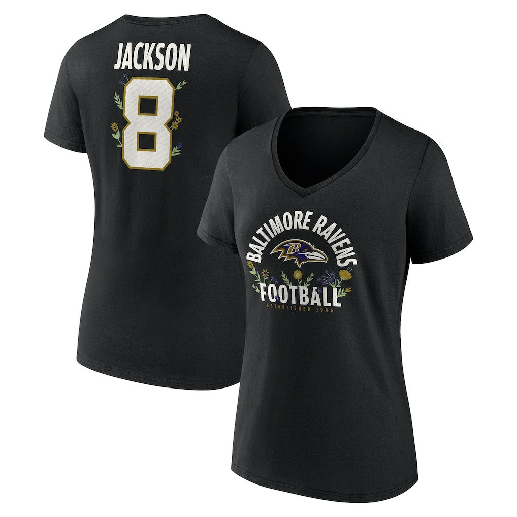 Lamar Jackson Baltimore Ravens Women's Floral Name & Number V-Neck T-Shirt - Black T-shirts