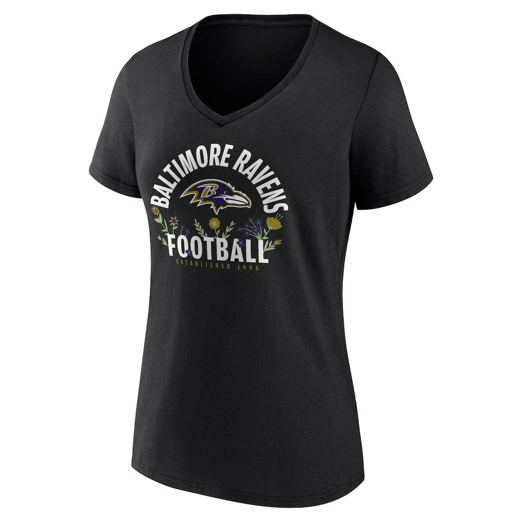 Lamar Jackson Baltimore Ravens Women's Floral Name & Number V-Neck T-Shirt - Black T-shirts