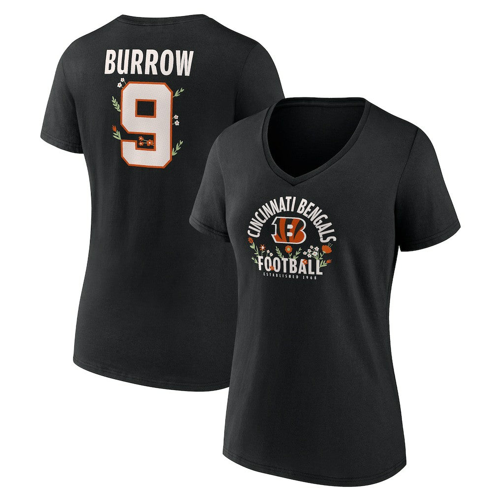 Joe Burrow Cincinnati Bengals Women's Floral Name & Number V-Neck T-Shirt - Black T-shirts