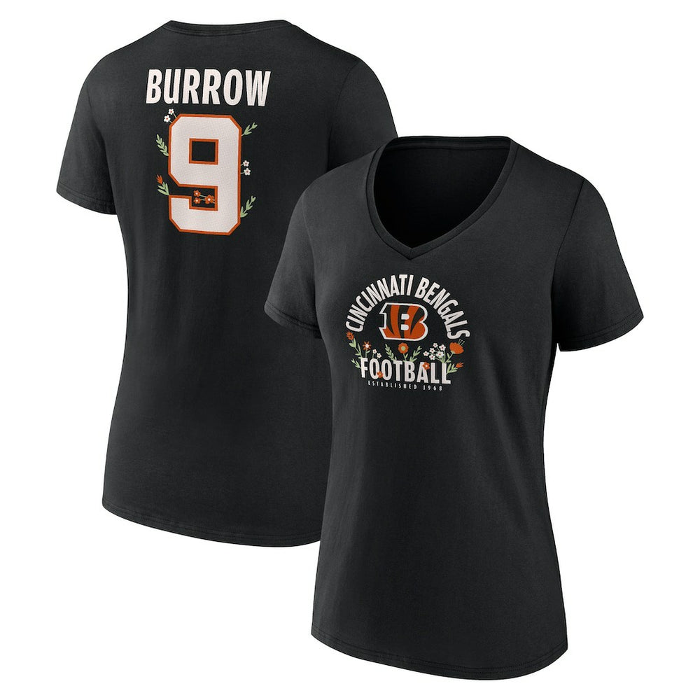 Joe Burrow Cincinnati Bengals Women's Floral Name & Number V-Neck T-Shirt - Black T-shirts