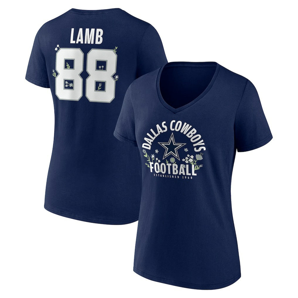 CeeDee Lamb Dallas Cowboys Women's Floral Name & Number V-Neck T-Shirt - Navy T-shirts