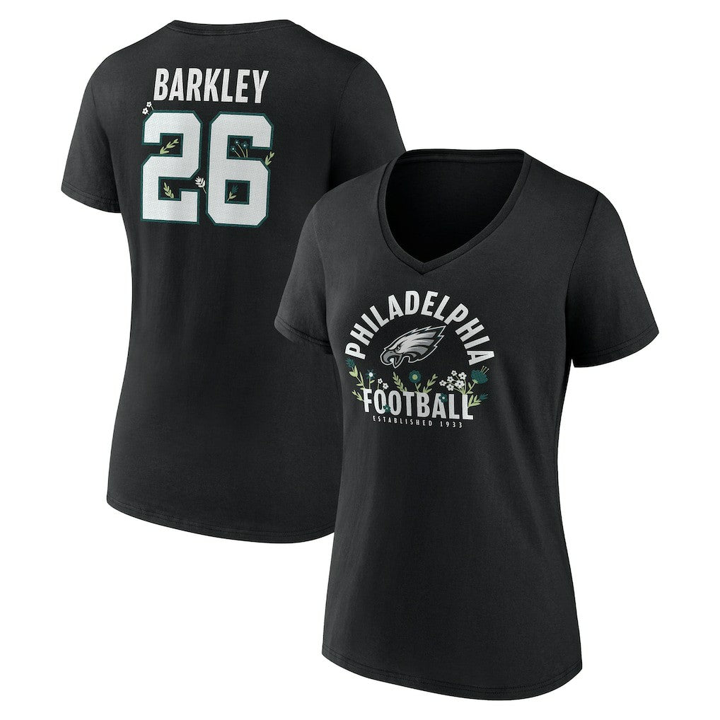 Saquon Barkley Philadelphia Eagles Women's Floral Name & Number V-Neck T-Shirt - Black T-shirts