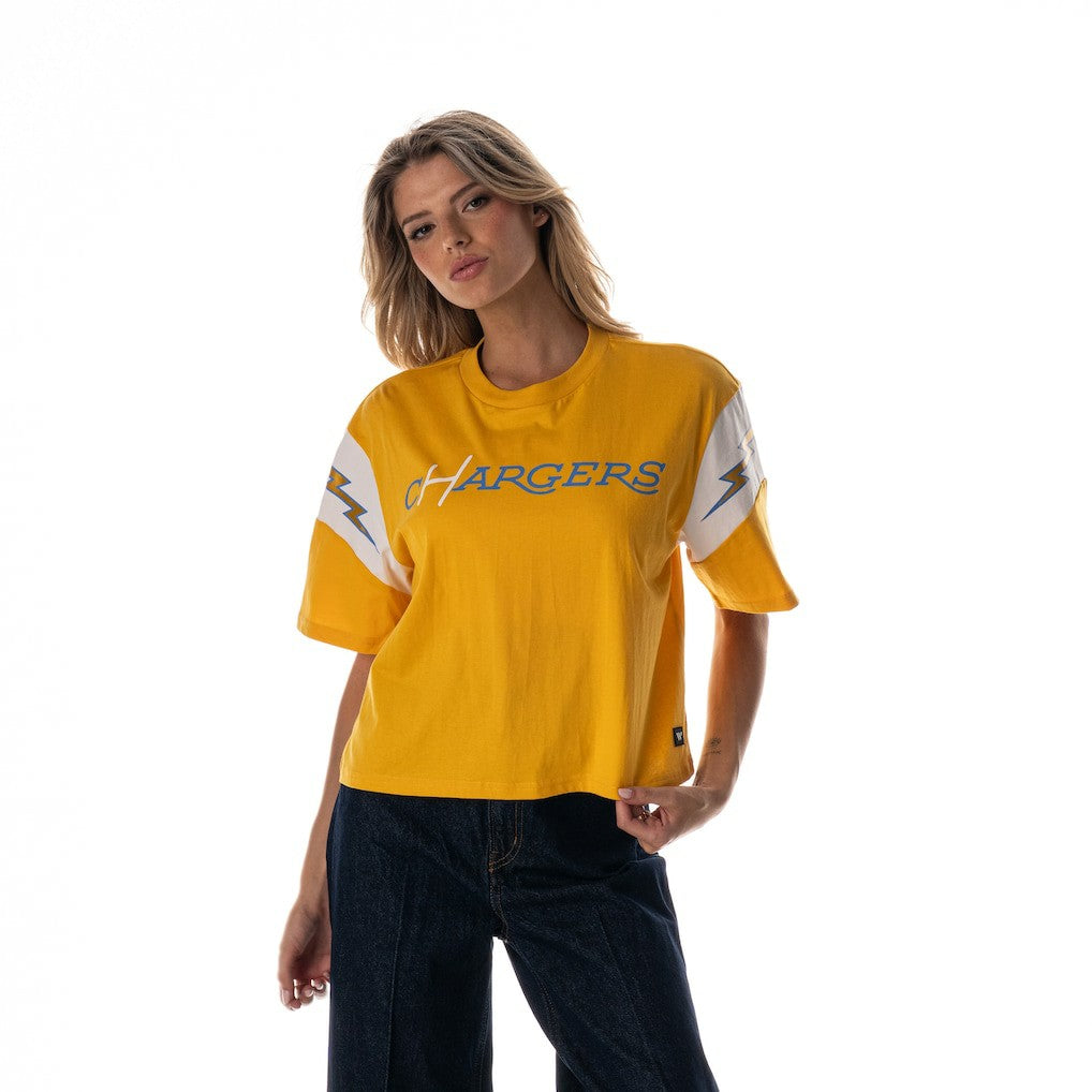 Los Angeles Chargers The Wild Collective Women's Charger Power Contrast Sleeve Insert T-Shirt - Gold T-shirts
