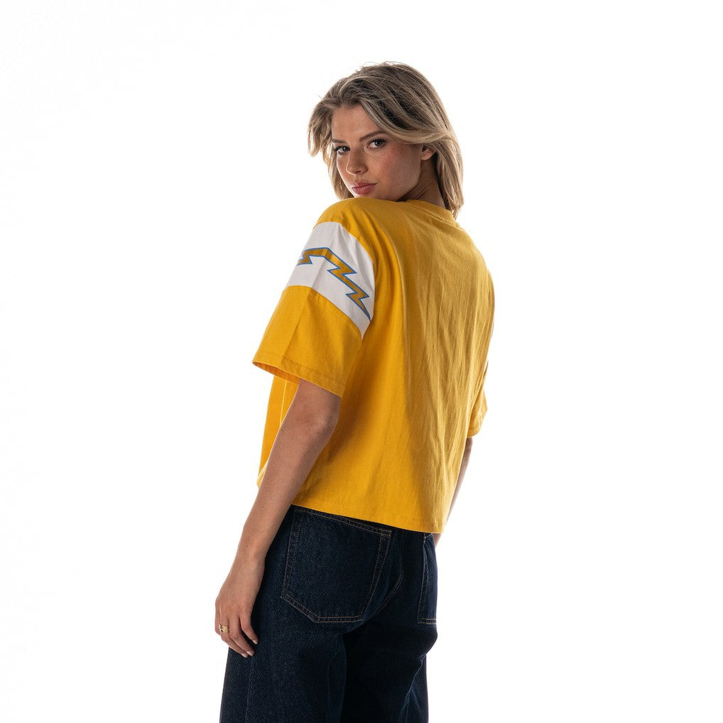 Los Angeles Chargers The Wild Collective Women's Charger Power Contrast Sleeve Insert T-Shirt - Gold T-shirts