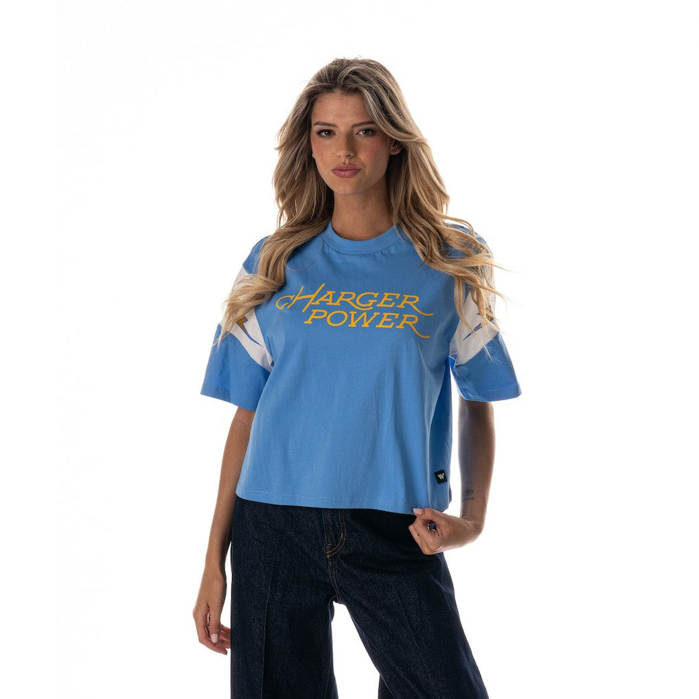 Los Angeles Chargers The Wild Collective Women's Charger Power Contrast Sleeve Insert T-Shirt - Powder Blue T-shirts