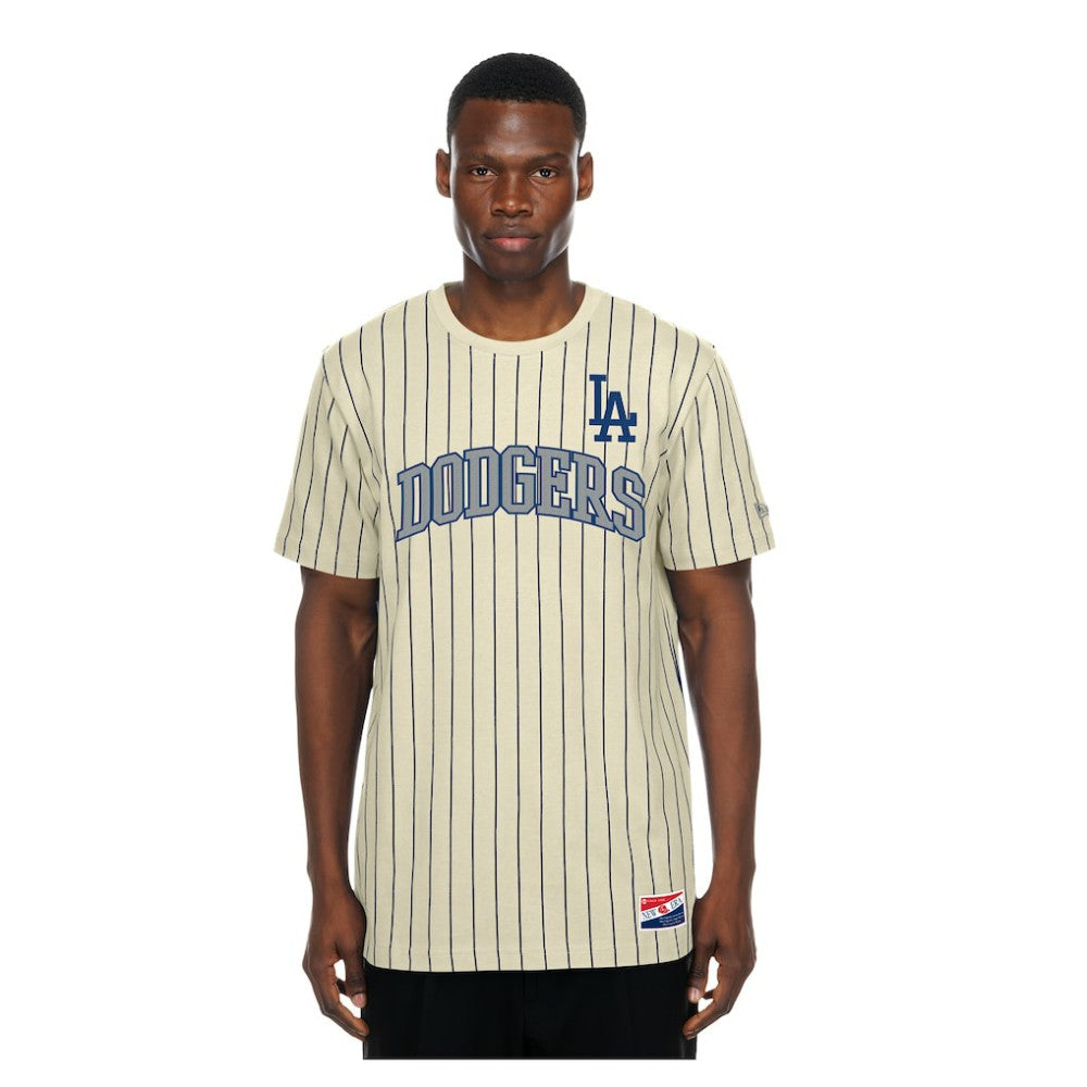 Los Angeles Dodgers New Era Throwback Meshback Pinstripe T-Shirt - Cream T-shirts
