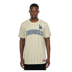 Los Angeles Dodgers New Era Throwback Meshback Pinstripe T-Shirt - Cream T-shirts