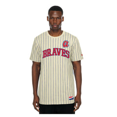 Atlanta Braves New Era Throwback Meshback Pinstripe T-Shirt - Cream T-shirts