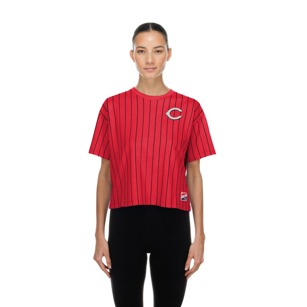 Cincinnati Reds New Era Women's Throwback Meshback Pinstripe Boxy T-Shirt - Red T-shirts