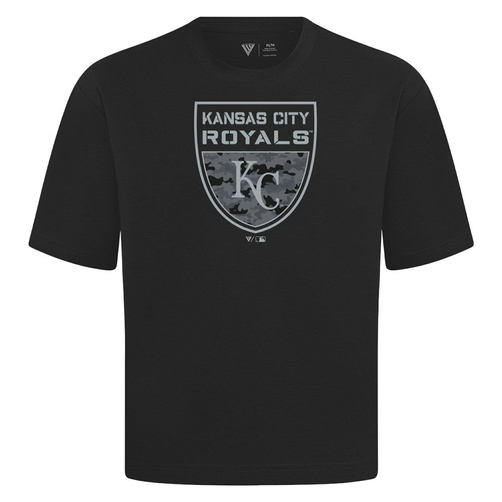 Kansas City Royals Levelwear Oversized Luxe Signature Knit Buckler T-Shirt - Black T-shirts