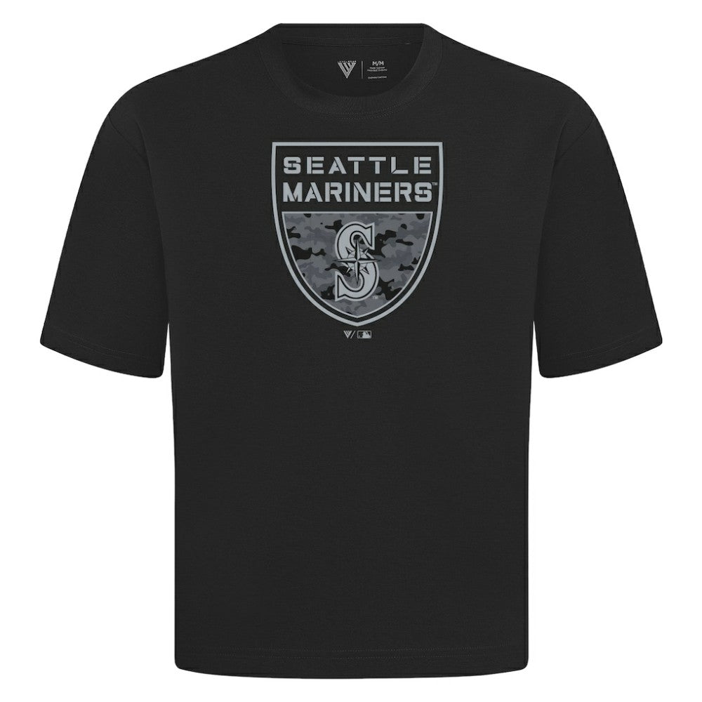 Seattle Mariners Levelwear Oversized Luxe Signature Knit Buckler T-Shirt - Black T-shirts